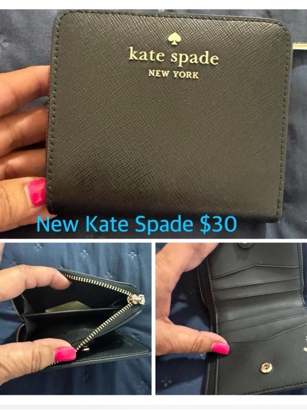 kate spade black saffiano zip card holder with gold logo
